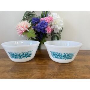 Vintage Federal Glass Turquoise Scroll Milk Glass Mixing Bowls MCM Kitchen Decor